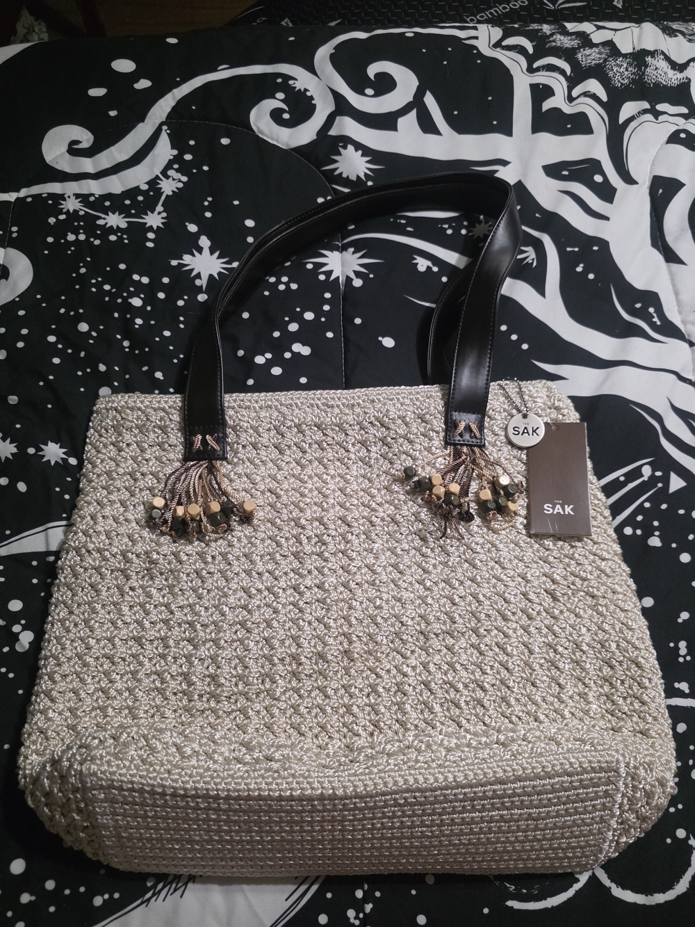 The SAK Beige Crochet Tote Bag with Brown Handles
